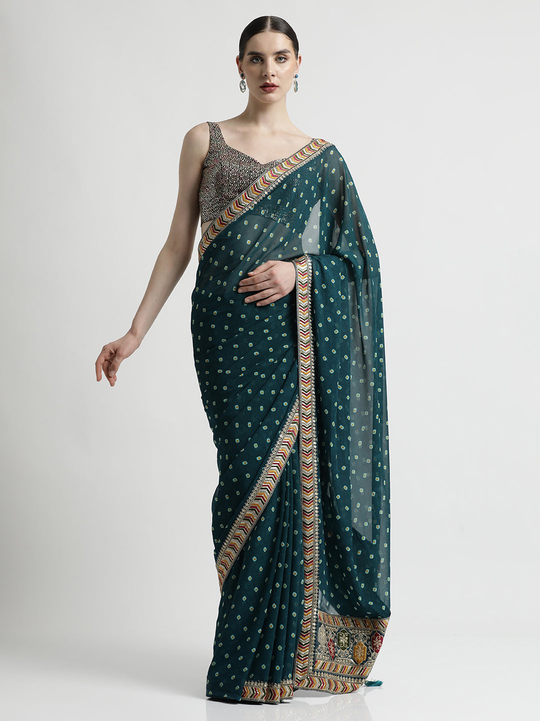 Teal Bandhani Embroidered Pure Georgette Saree