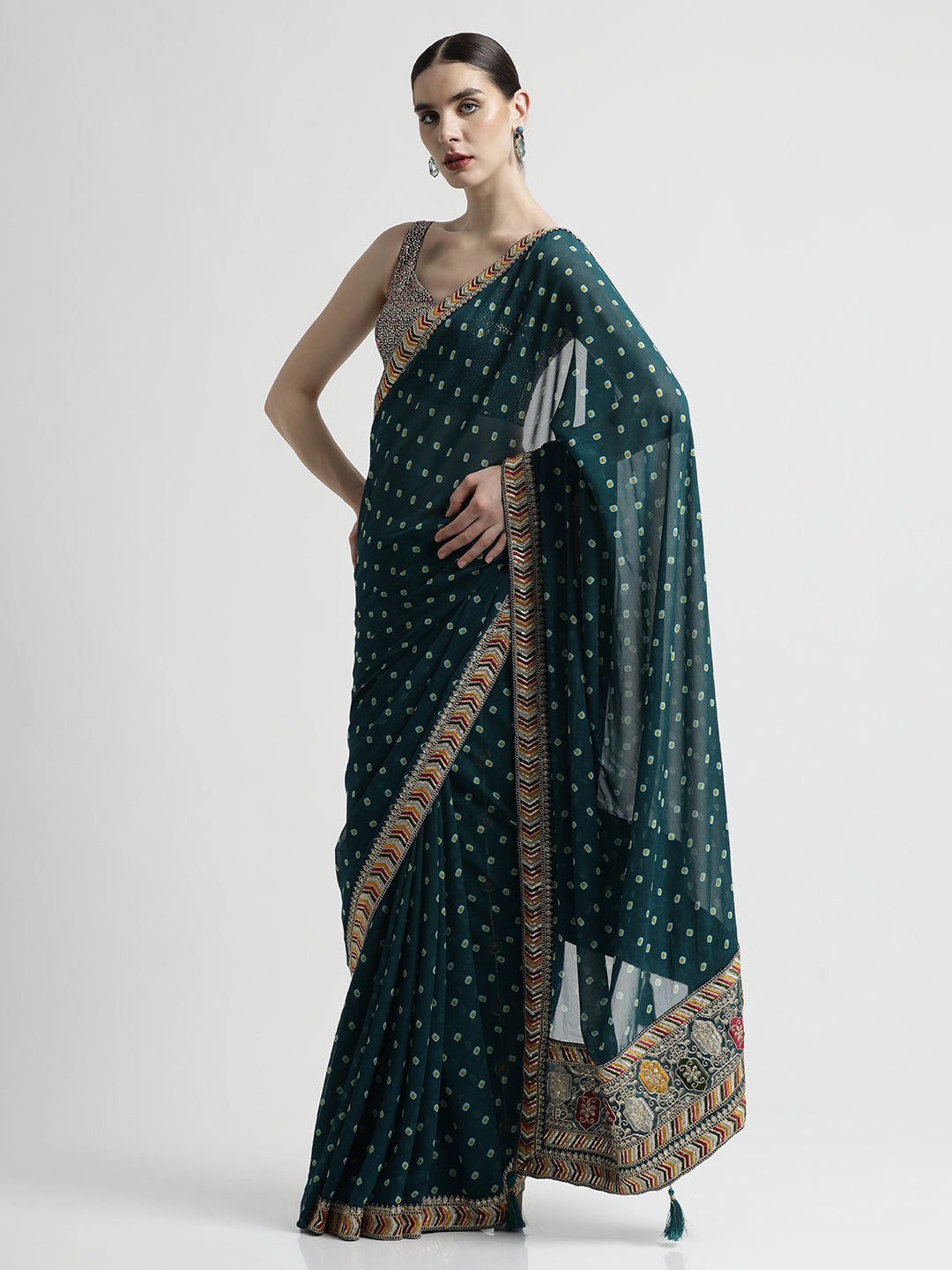 Teal Bandhani Embroidered Pure Georgette Saree