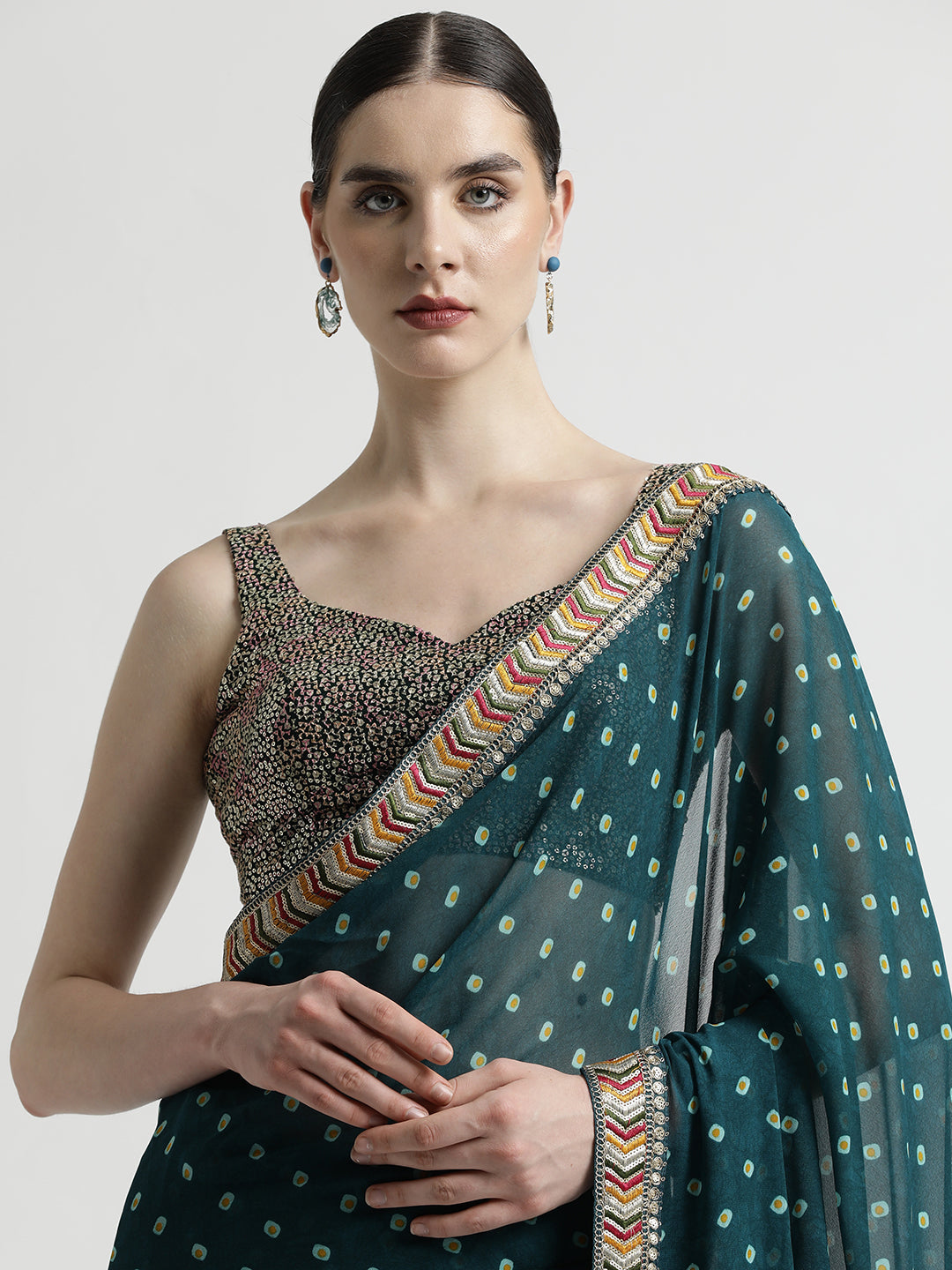 Teal Bandhani Embroidered Pure Georgette Saree