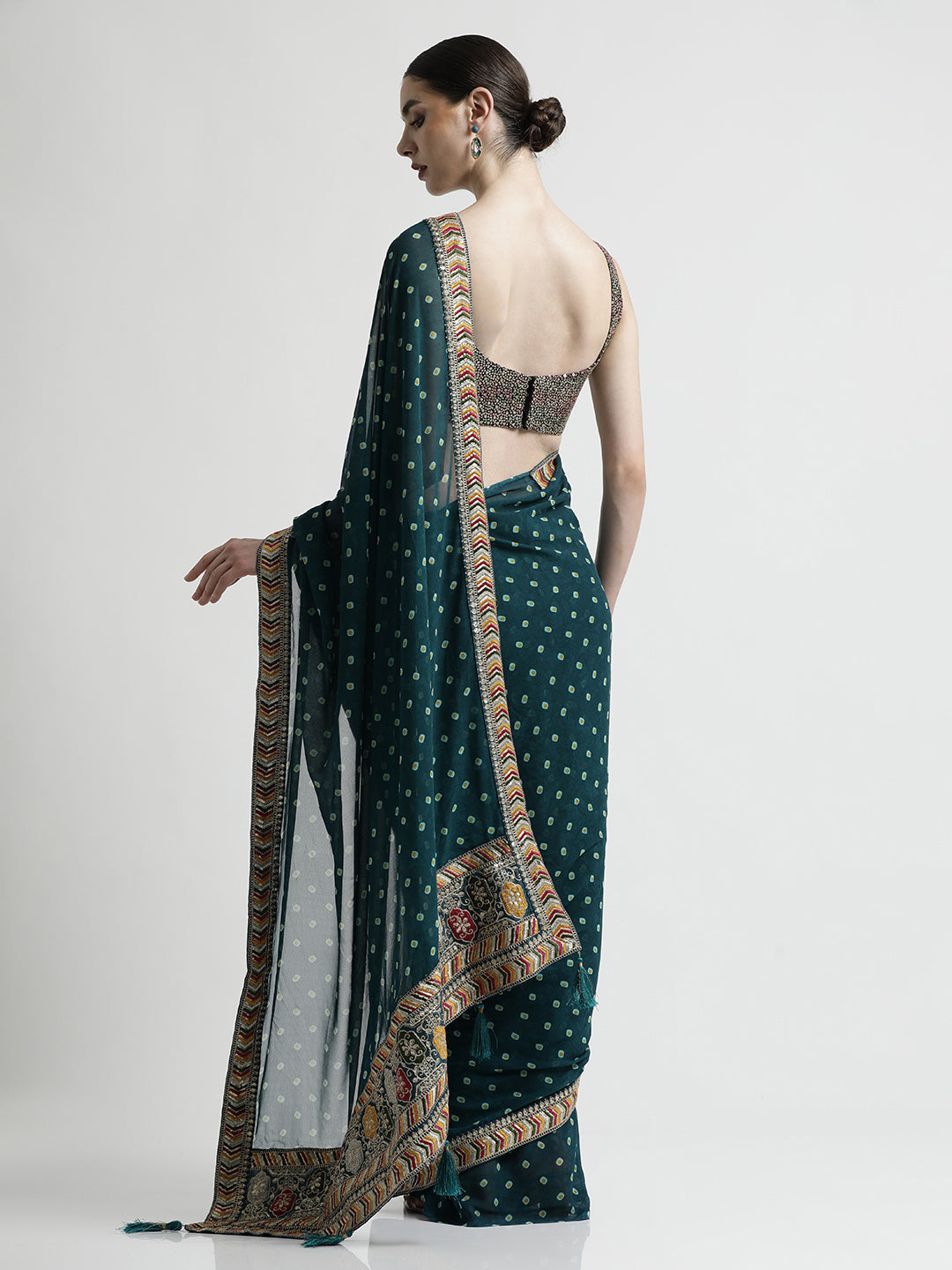 Teal Bandhani Embroidered Pure Georgette Saree