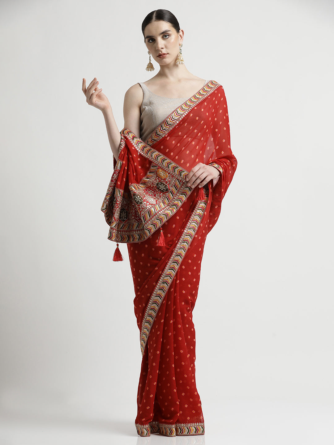 Red Bandhani Embroidered Pure Georgette Saree