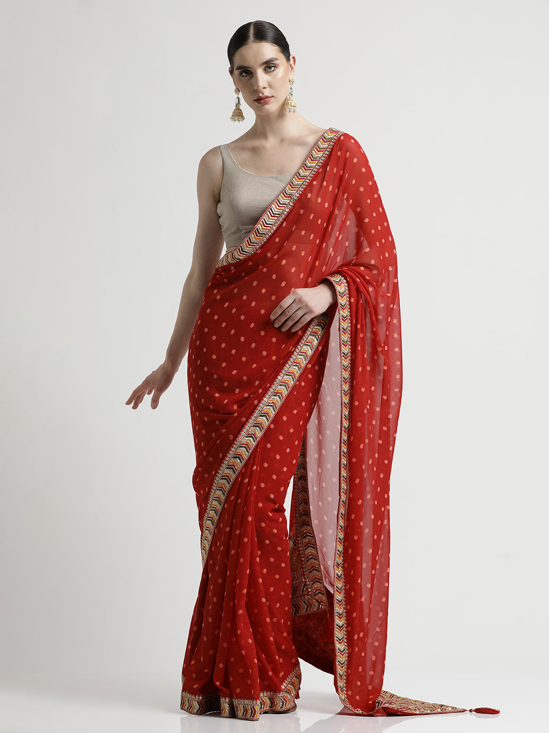 Red Bandhani Embroidered Pure Georgette Saree