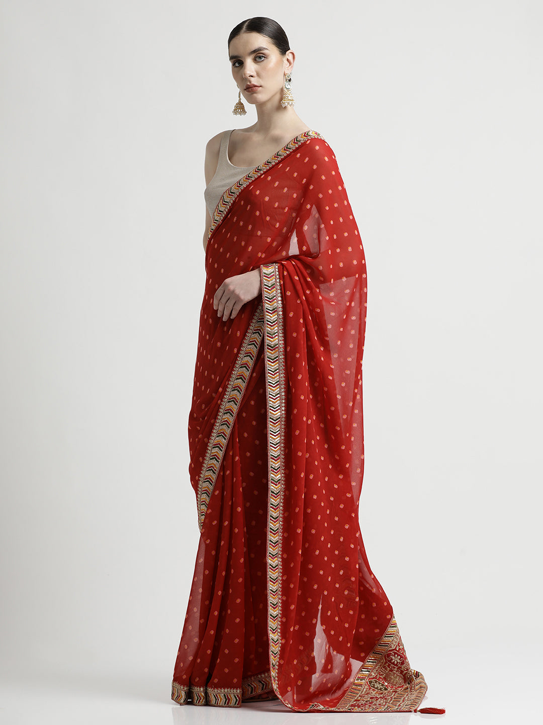 Red Bandhani Embroidered Pure Georgette Saree