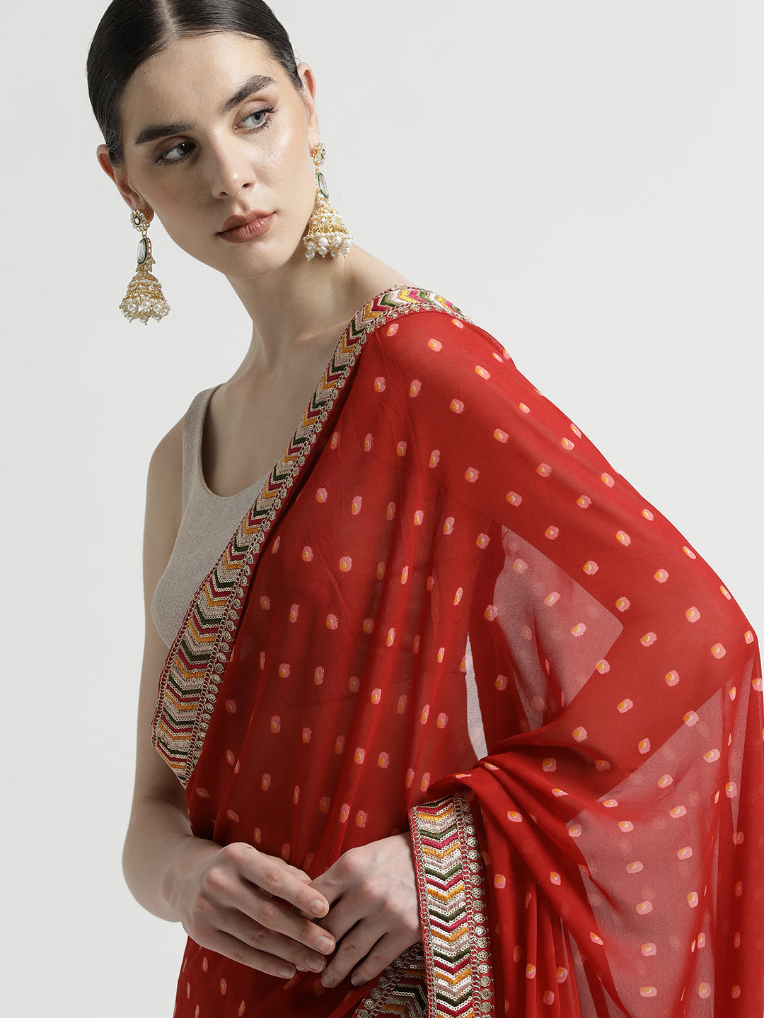 Red Bandhani Embroidered Pure Georgette Saree