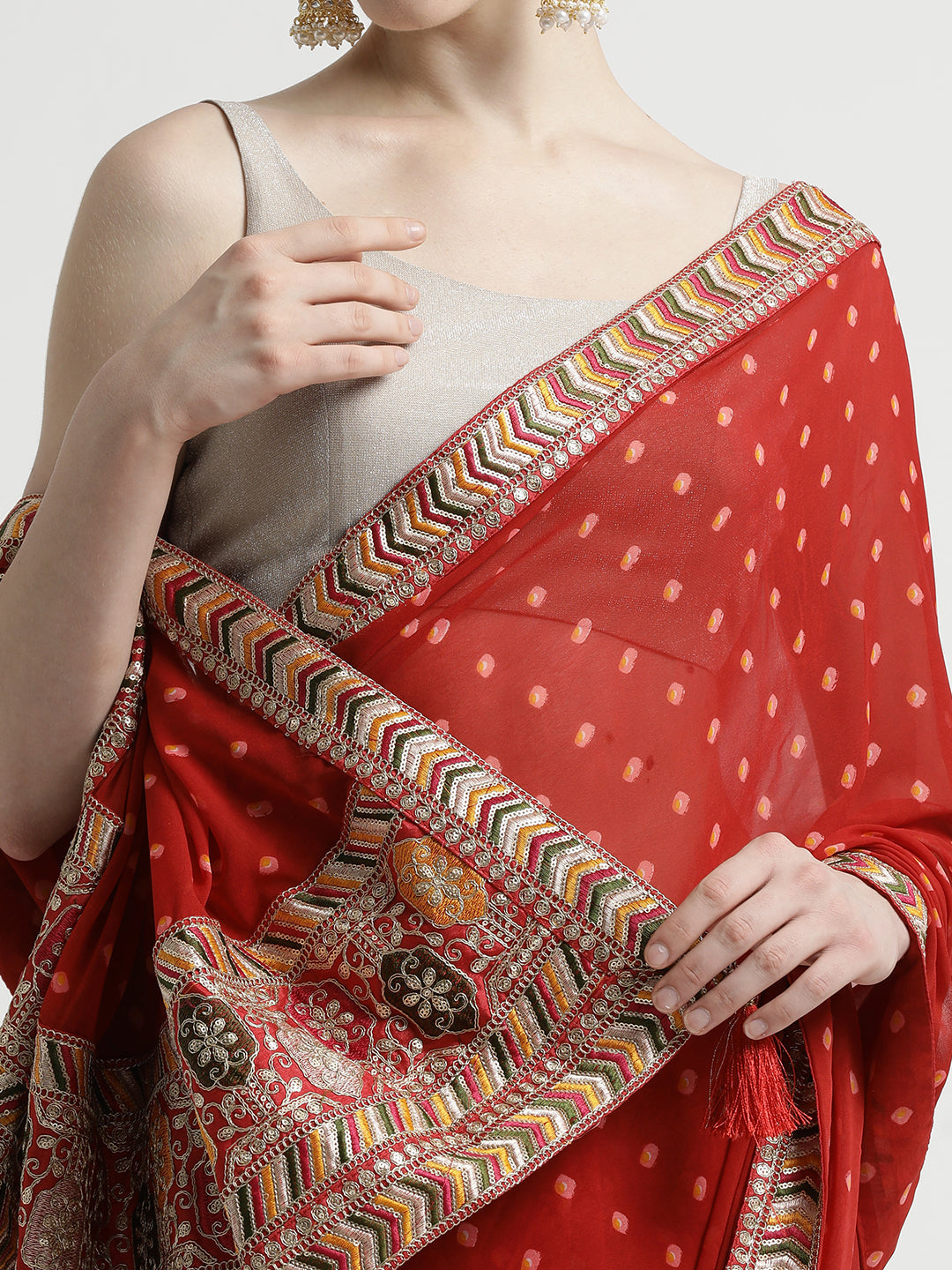 Red Bandhani Embroidered Pure Georgette Saree