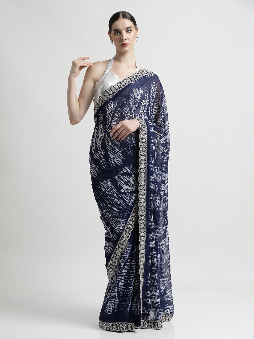 Blue Sequin Embroidered Pure Georgette Tie Dye Saree