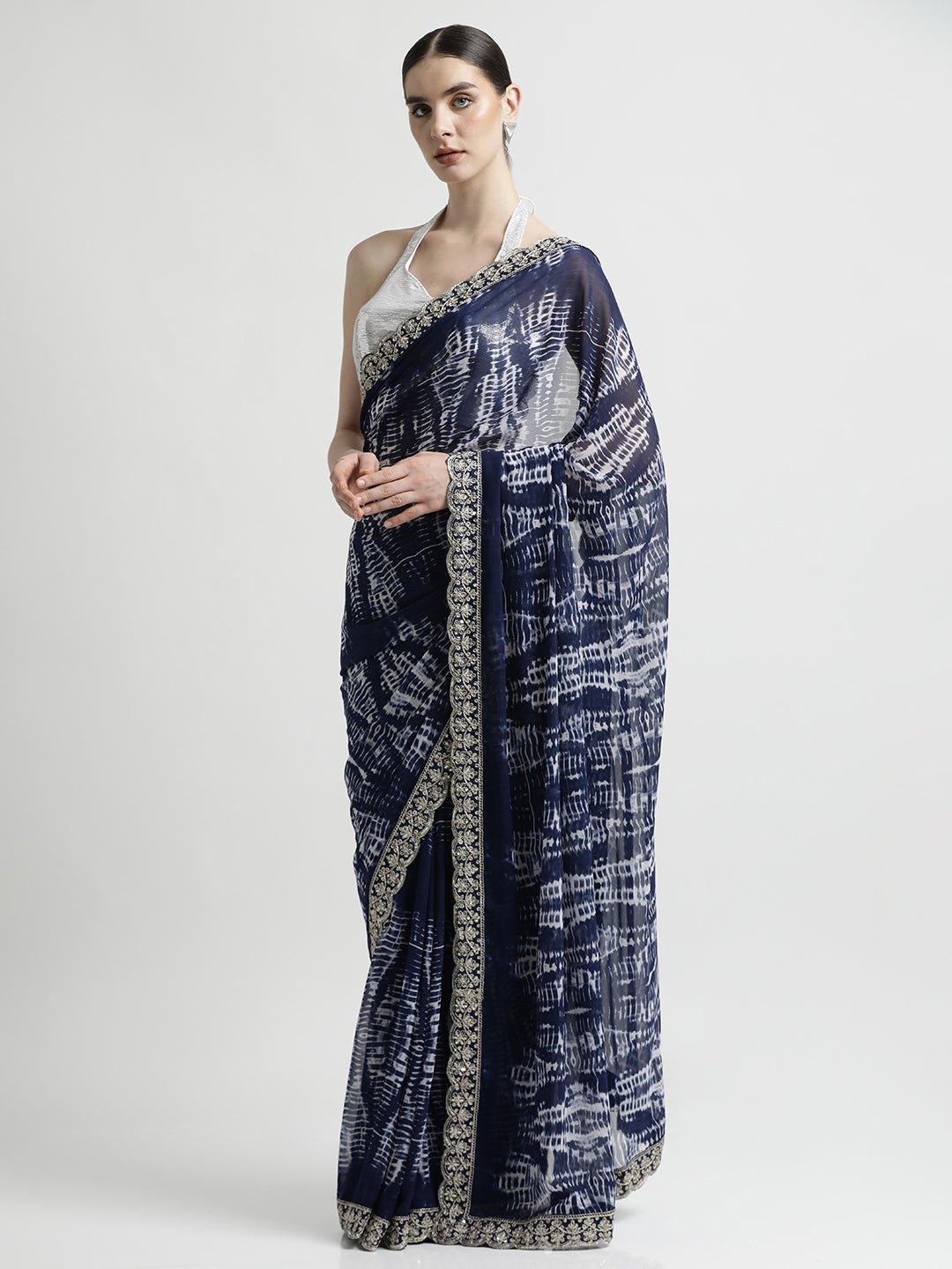 Blue Sequin Embroidered Pure Georgette Tie Dye Saree