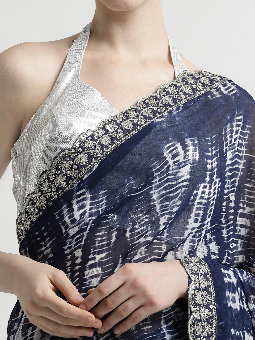 Blue Sequin Embroidered Pure Georgette Tie Dye Saree