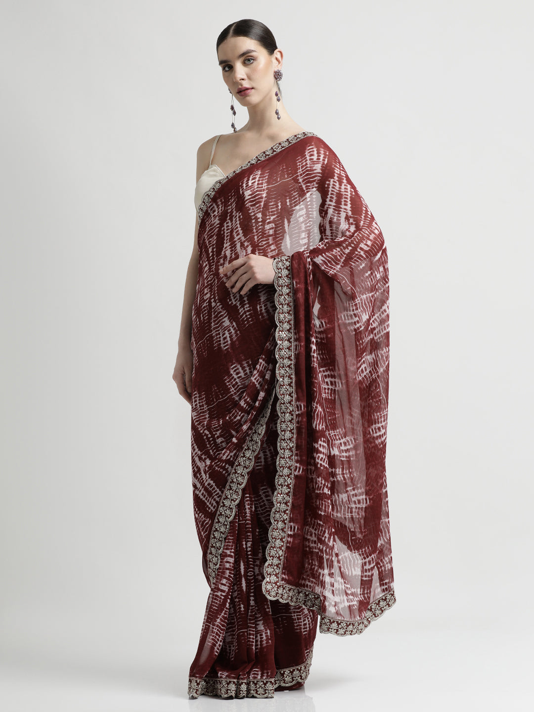 Maroon Sequin Embroidered Pure Georgette Tie Dye Saree