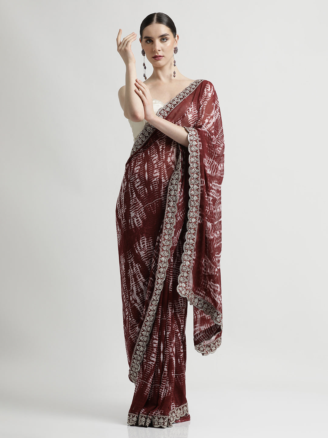 Maroon Sequin Embroidered Pure Georgette Tie Dye Saree