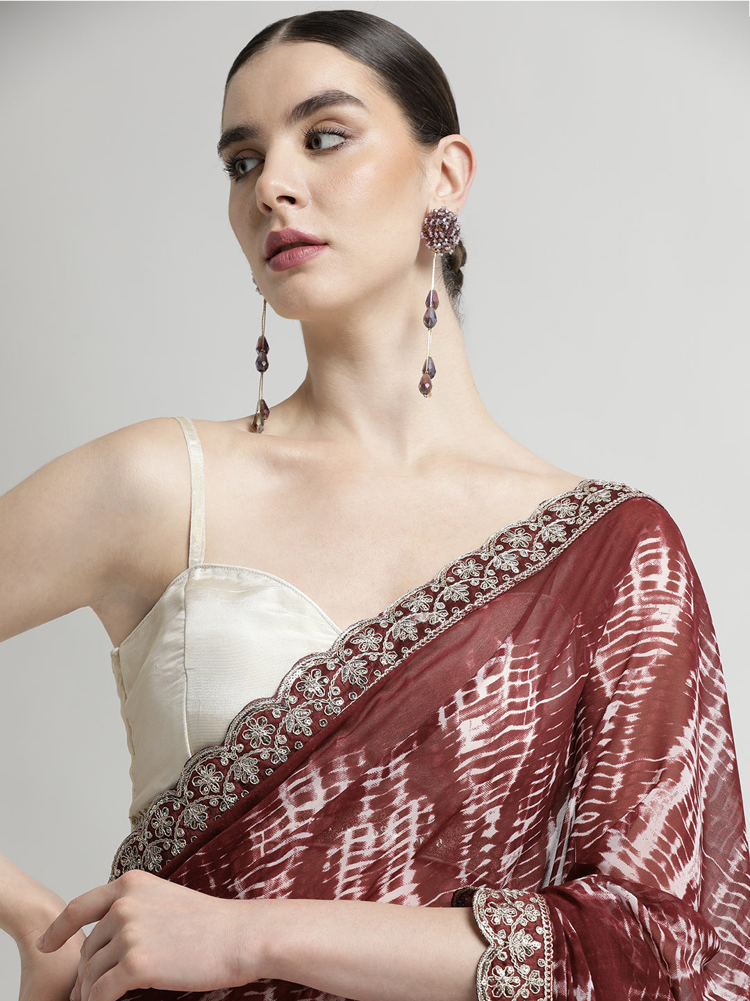 Maroon Sequin Embroidered Pure Georgette Tie Dye Saree