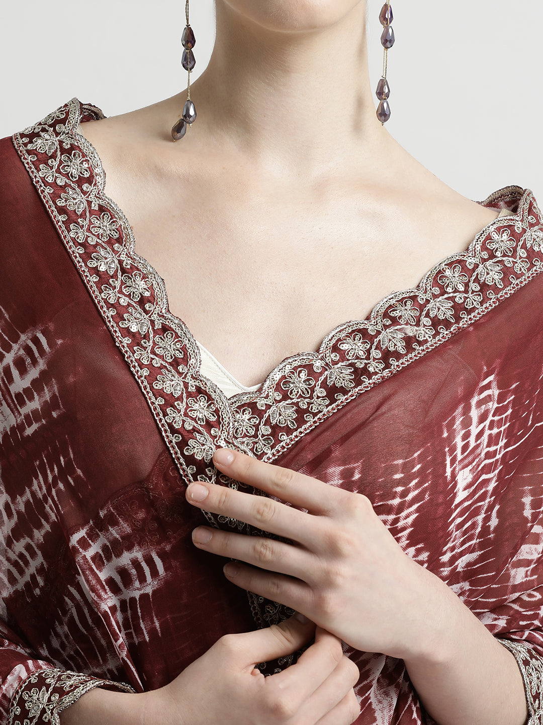 Maroon Sequin Embroidered Pure Georgette Tie Dye Saree