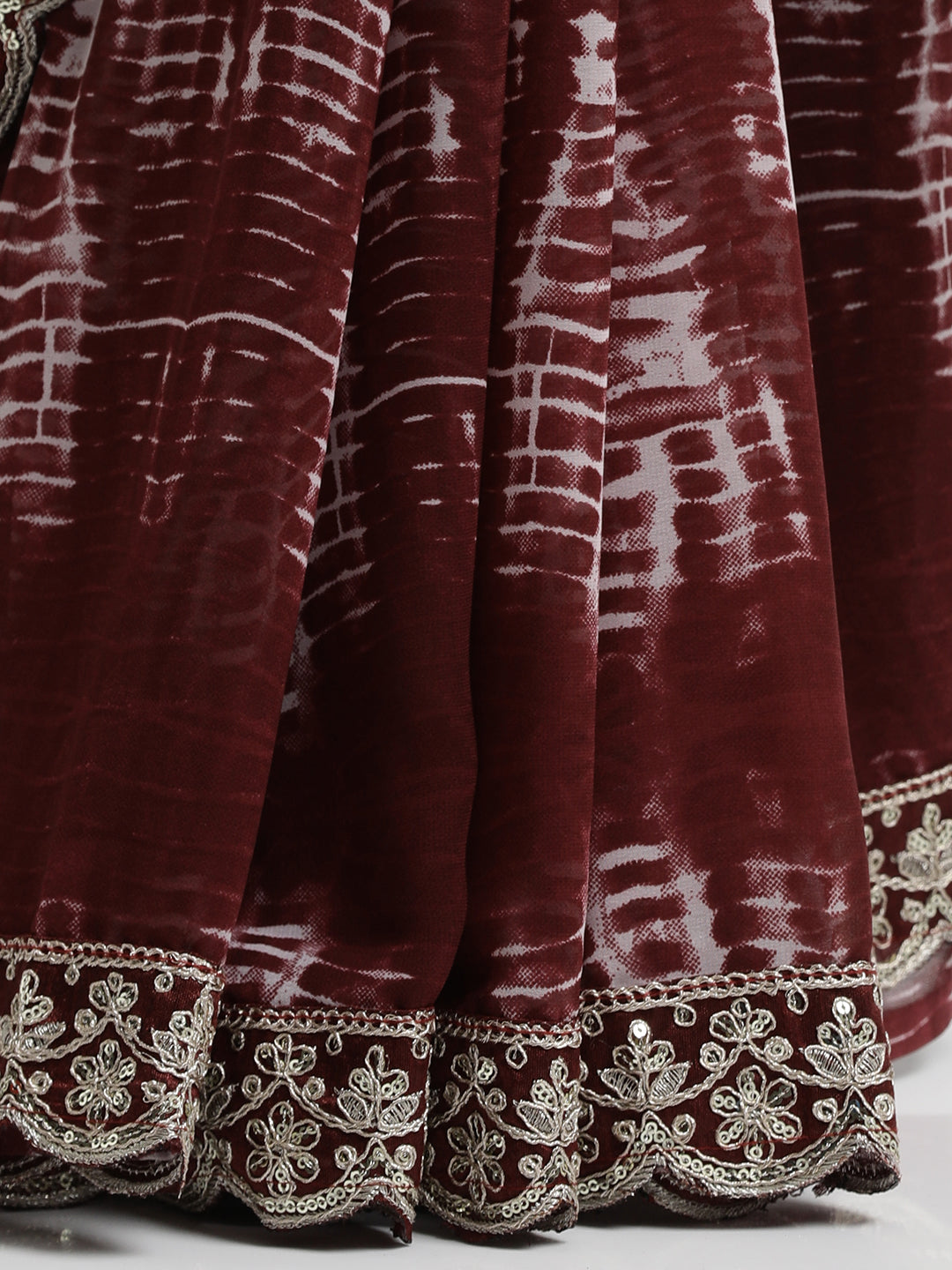 Maroon Sequin Embroidered Pure Georgette Tie Dye Saree