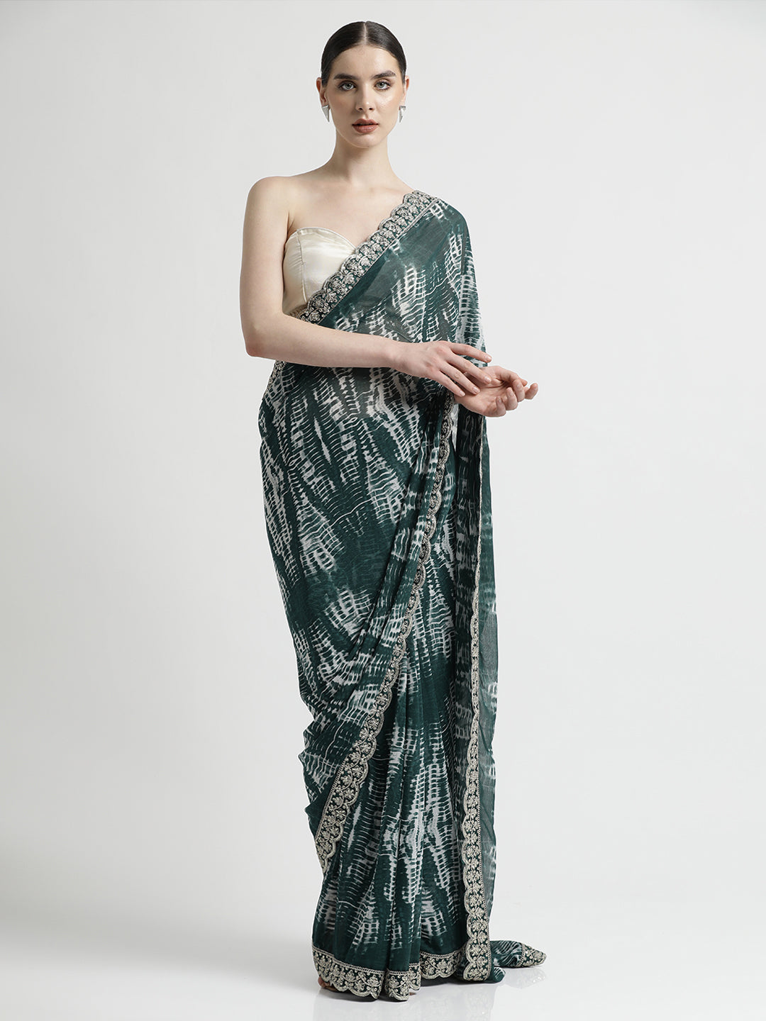 Green Sequin Embroidered Pure Georgette Tie Dye Saree