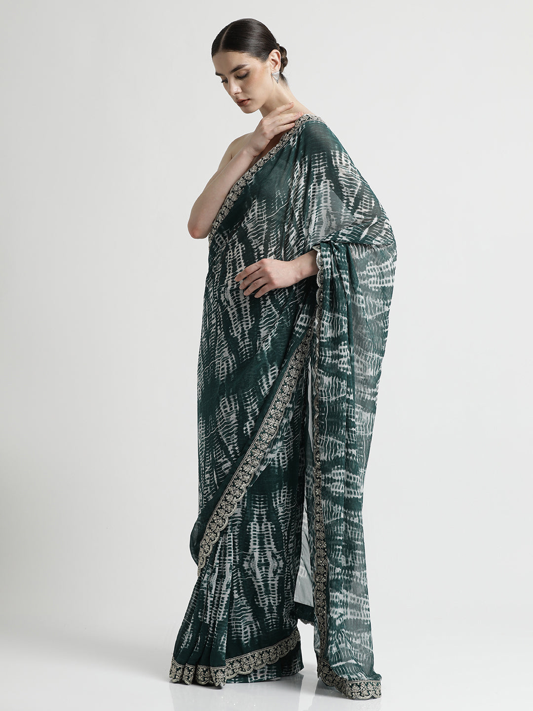 Green Sequin Embroidered Pure Georgette Tie Dye Saree