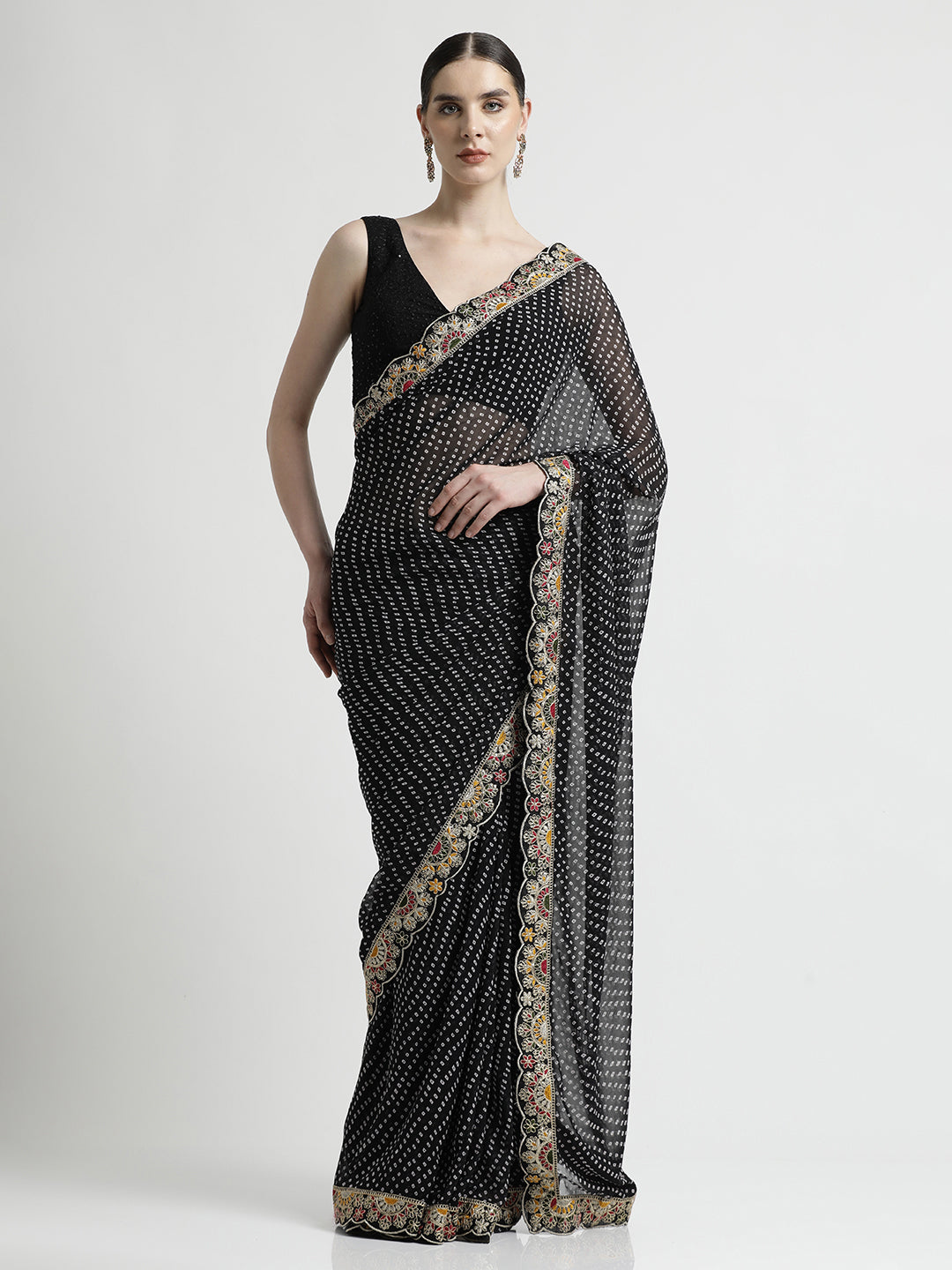 Black Traditional Bandhani Embroidered Lace Georgette Saree