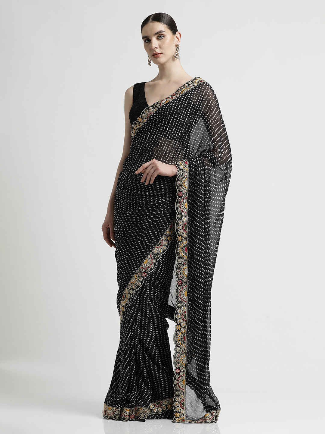 Black Traditional Bandhani Embroidered Lace Georgette Saree