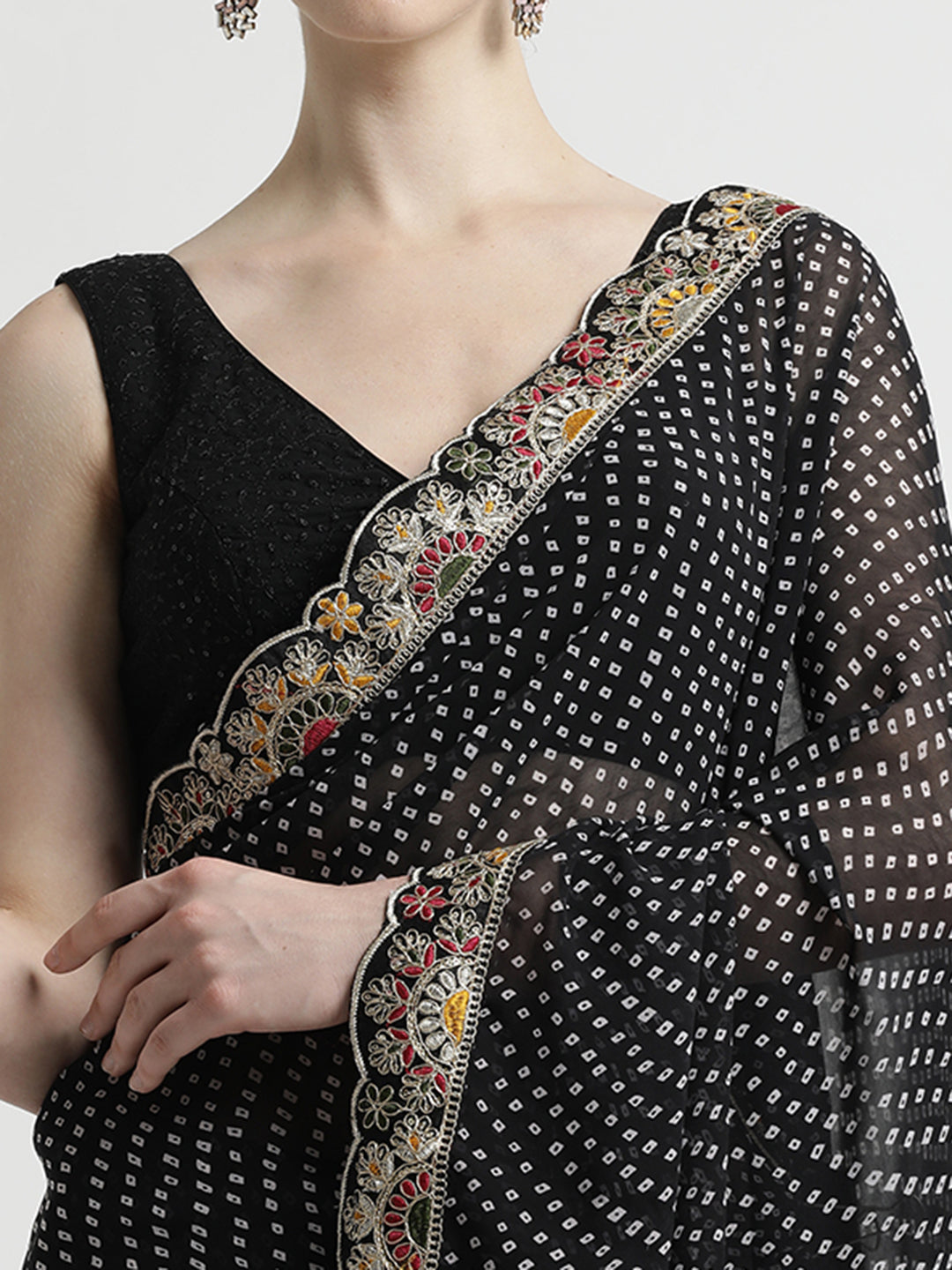 Black Traditional Bandhani Embroidered Lace Georgette Saree