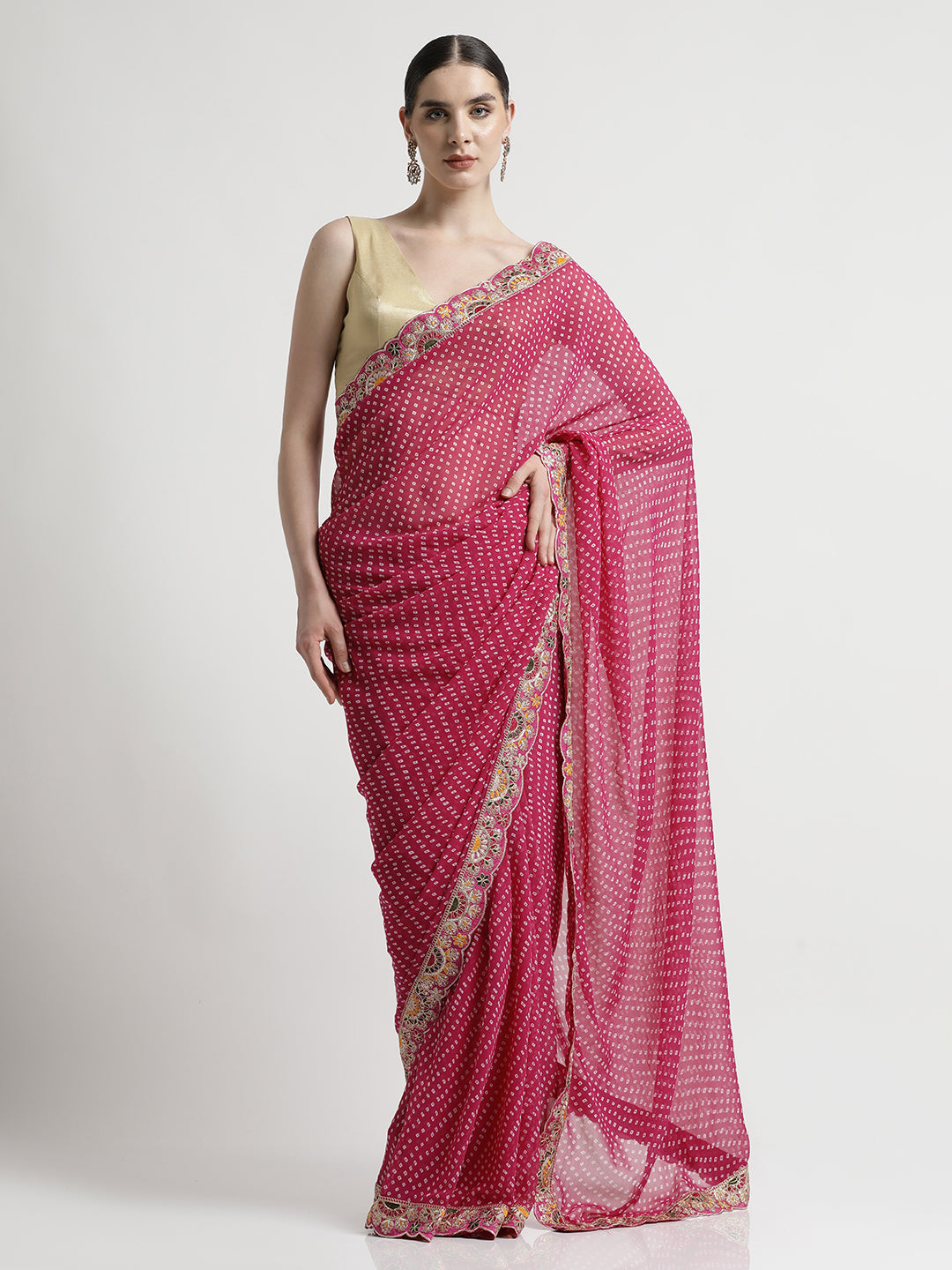 Pink Traditional Bandhani Embroidered Lace Georgette Saree