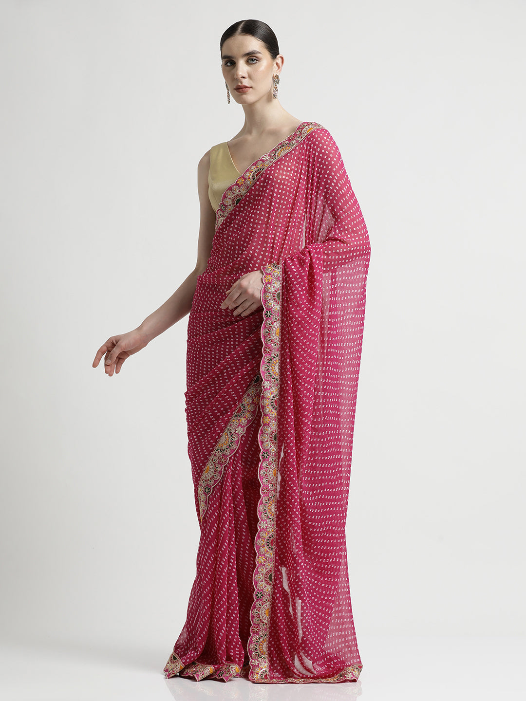 Pink Traditional Bandhani Embroidered Lace Georgette Saree