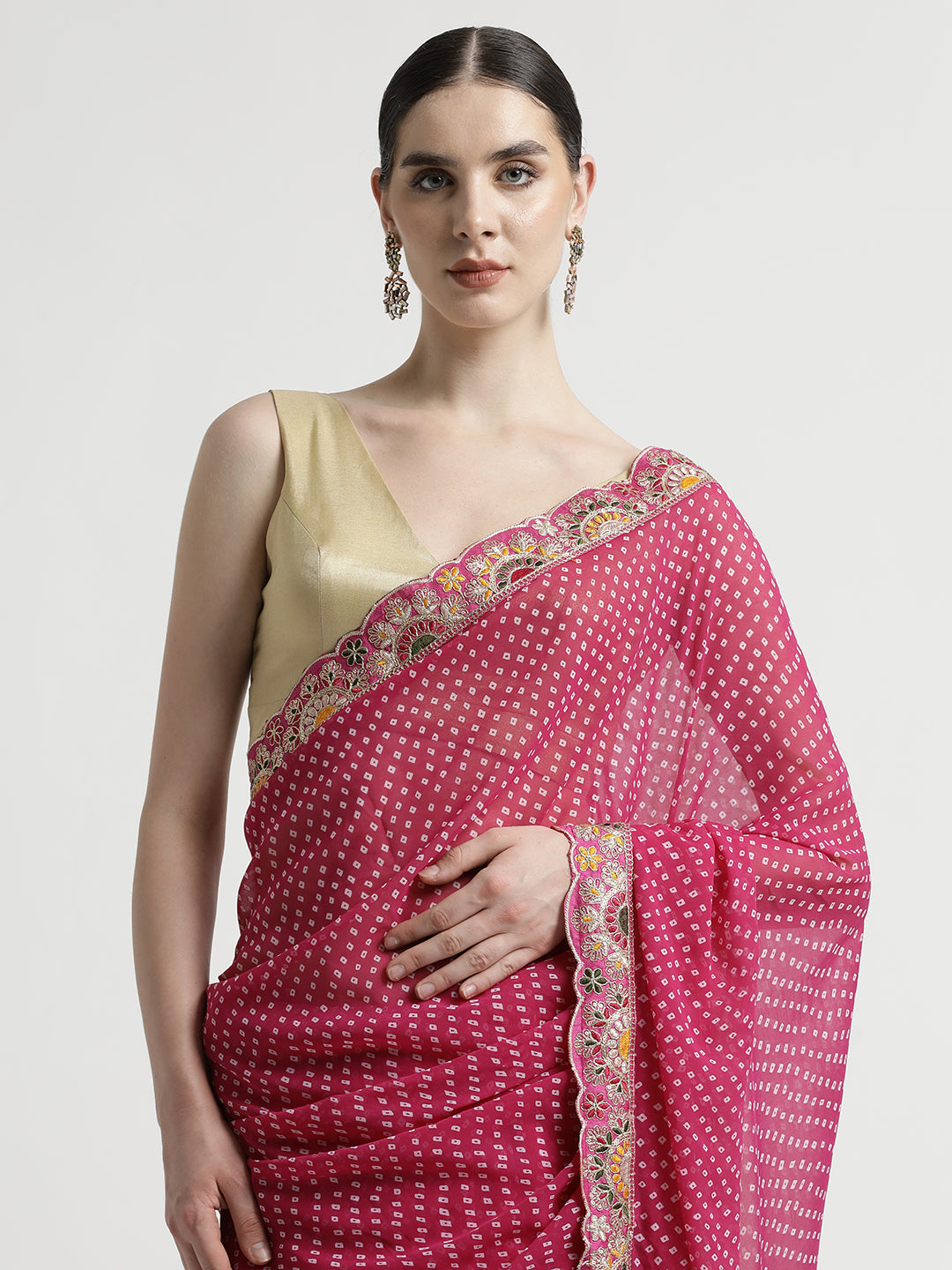 Pink Traditional Bandhani Embroidered Lace Georgette Saree