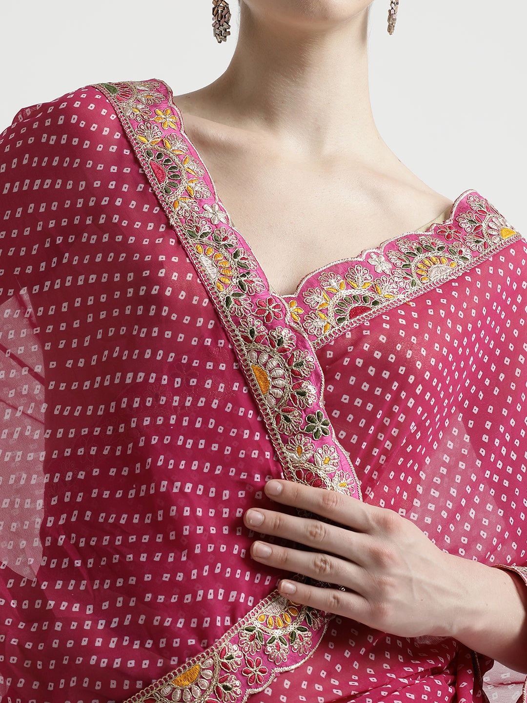 Pink Traditional Bandhani Embroidered Lace Georgette Saree