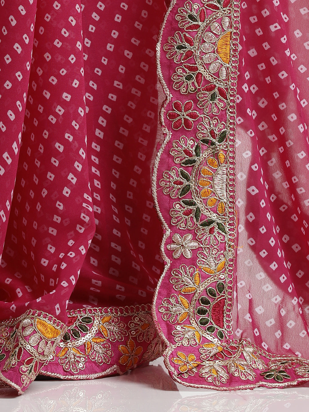 Pink Traditional Bandhani Embroidered Lace Georgette Saree