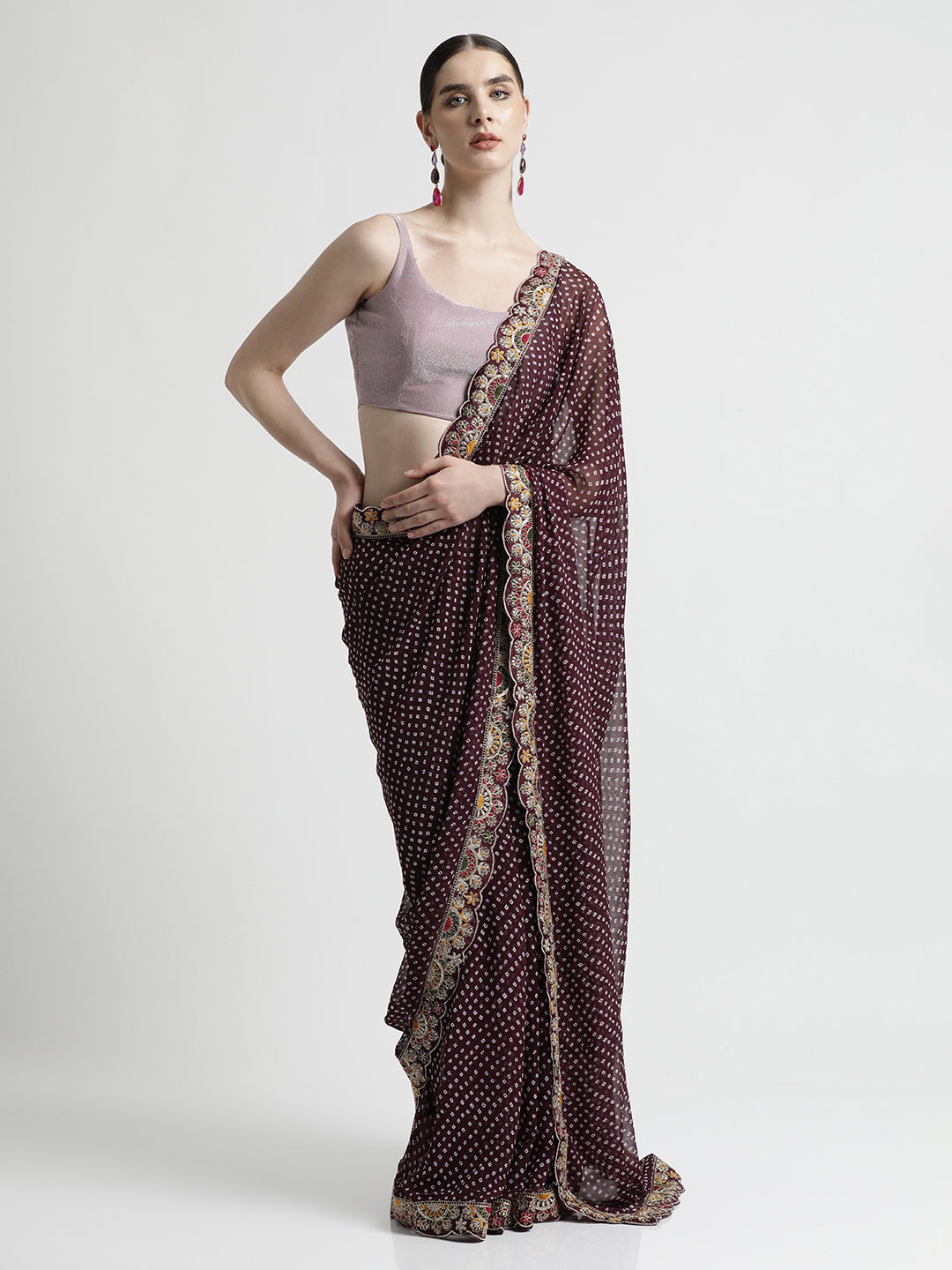 Voilet Traditional Bandhani Embroidered Lace Georgette Saree