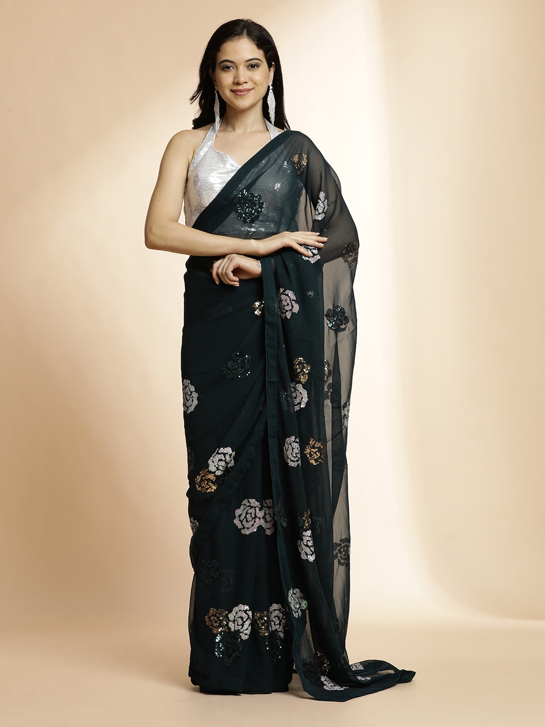 Dark Green Pure Georgette Sequin Embroidered Work Heavy Saree