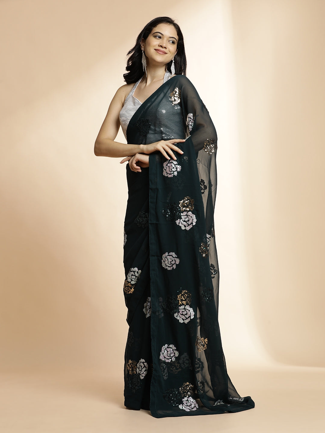 Dark Green Pure Georgette Sequin Embroidered Work Heavy Saree