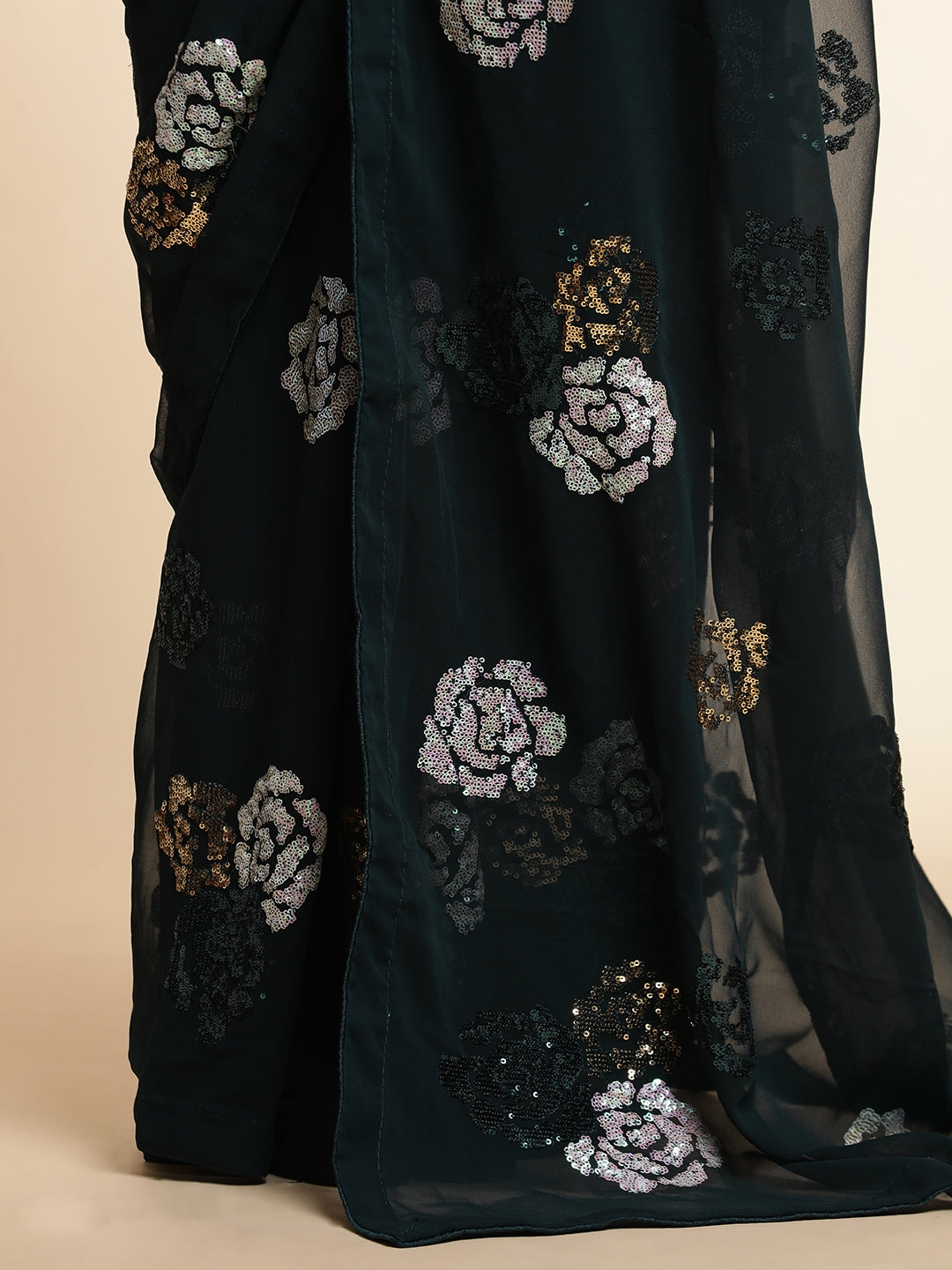 Dark Green Pure Georgette Sequin Embroidered Work Heavy Saree