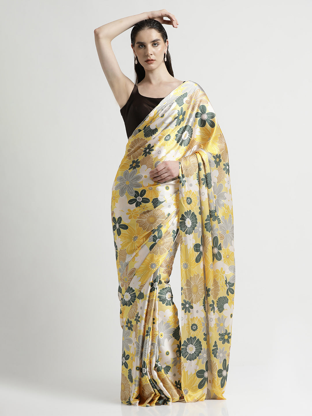 Yellow Floral Printed Japan Silk Saree