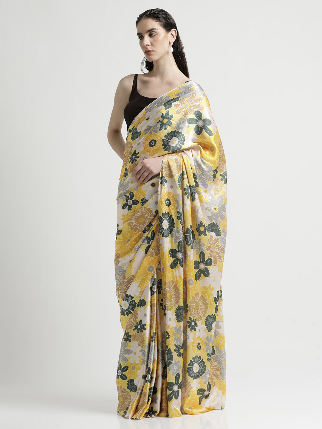 Yellow Floral Printed Japan Silk Saree