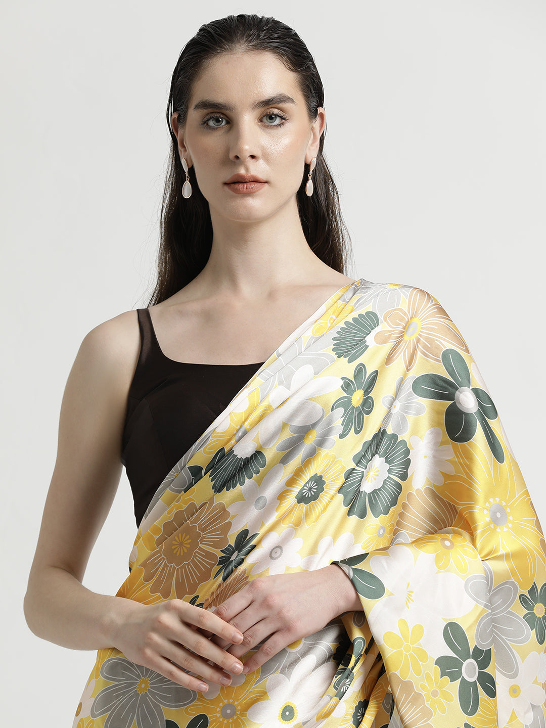 Yellow Floral Printed Japan Silk Saree