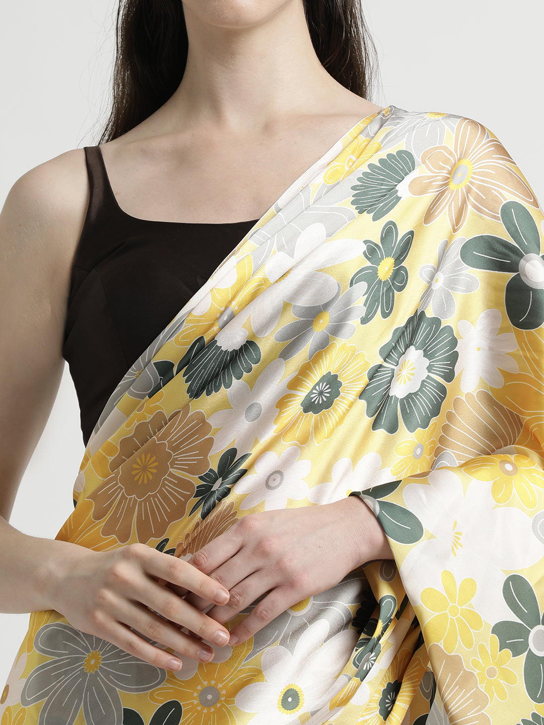 Yellow Floral Printed Japan Silk Saree