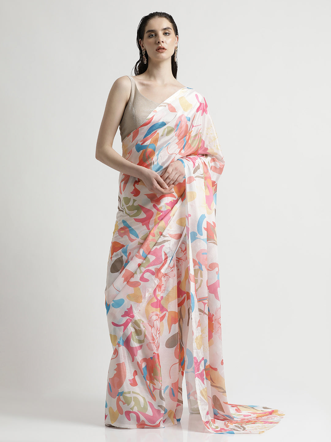 Multicolor Floral Printed Japan Silk Saree