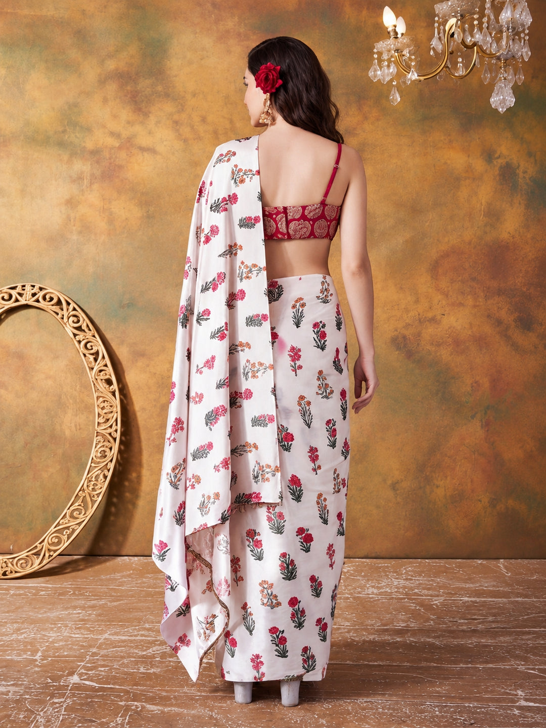 Trending Printed Chinon Ready To Wear Saree With Unstitched Blouse