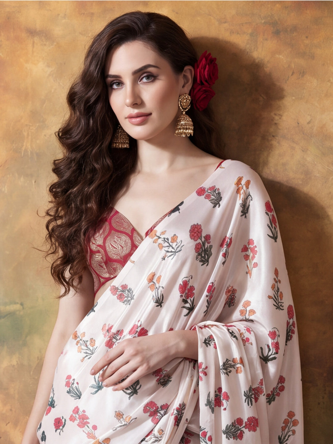 Trending Printed Chinon Ready To Wear Saree With Unstitched Blouse