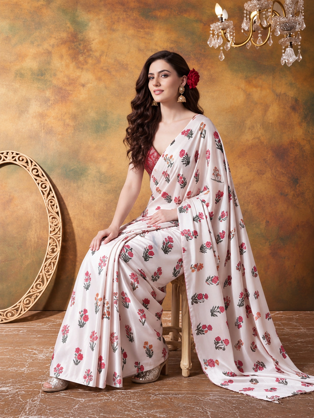 Trending Printed Chinon Ready To Wear Saree With Unstitched Blouse
