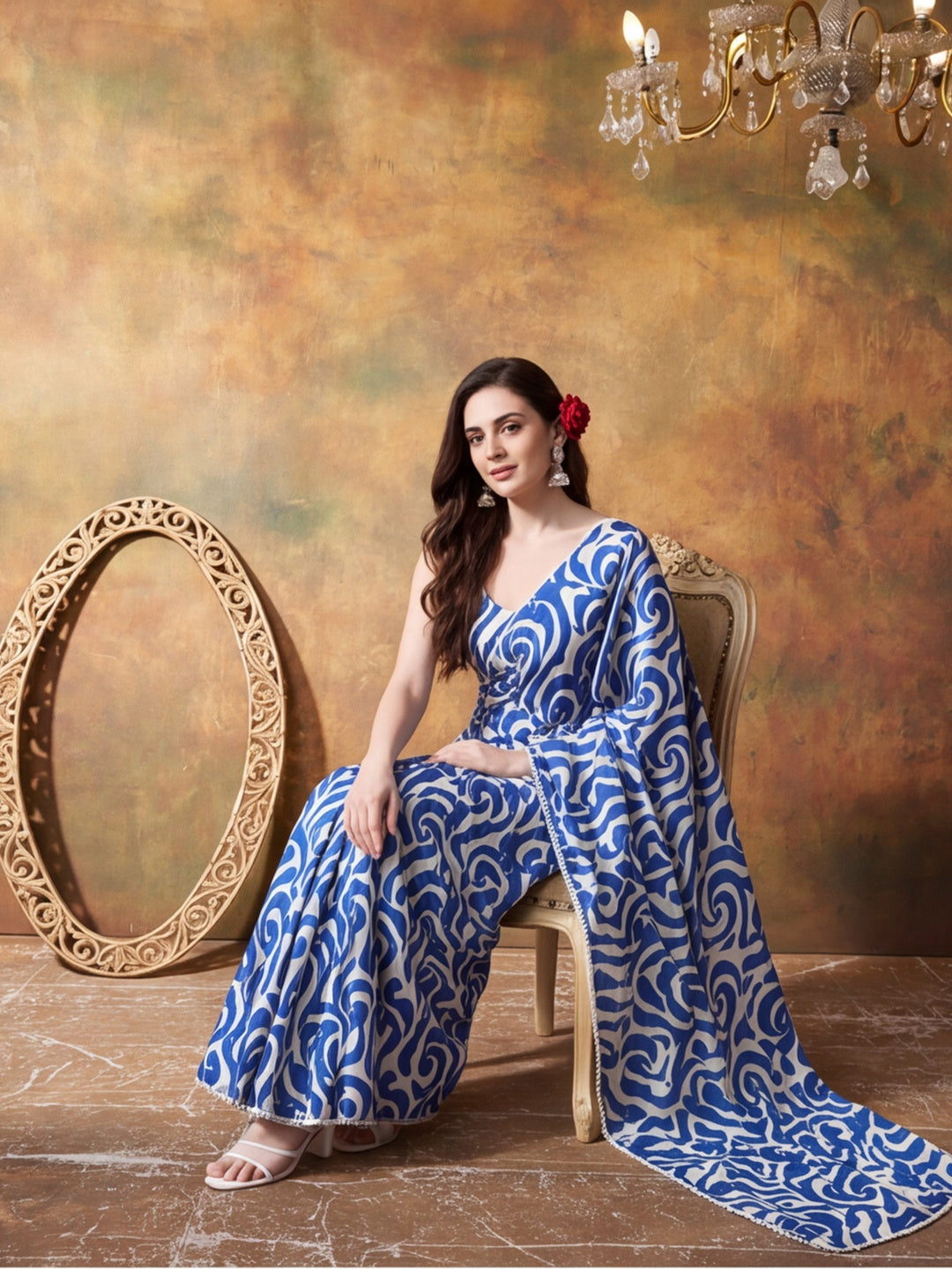 Trending Printed Chinon Ready To Wear Saree With Unstitched Blouse