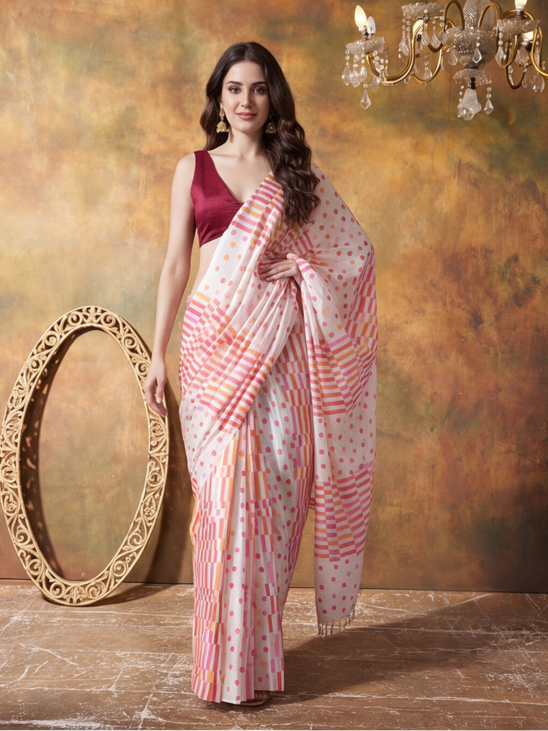 Trending Printed Chinon Ready To Wear Saree With Unstitched Blouse