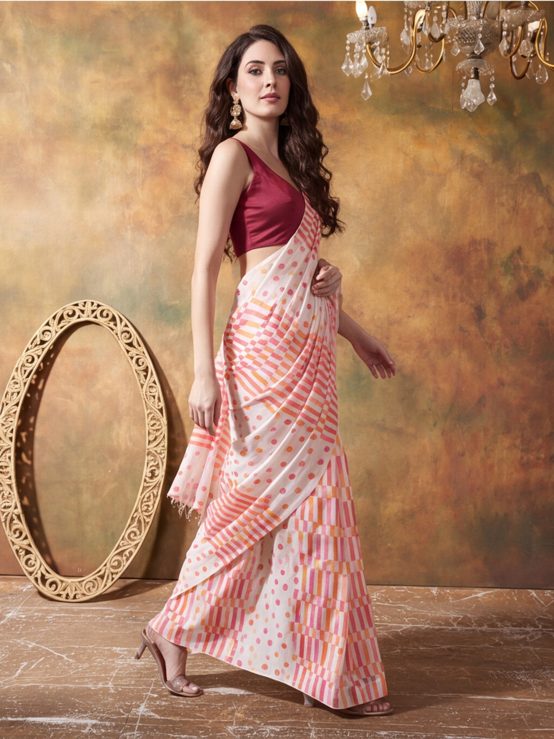 Trending Printed Chinon Ready To Wear Saree With Unstitched Blouse