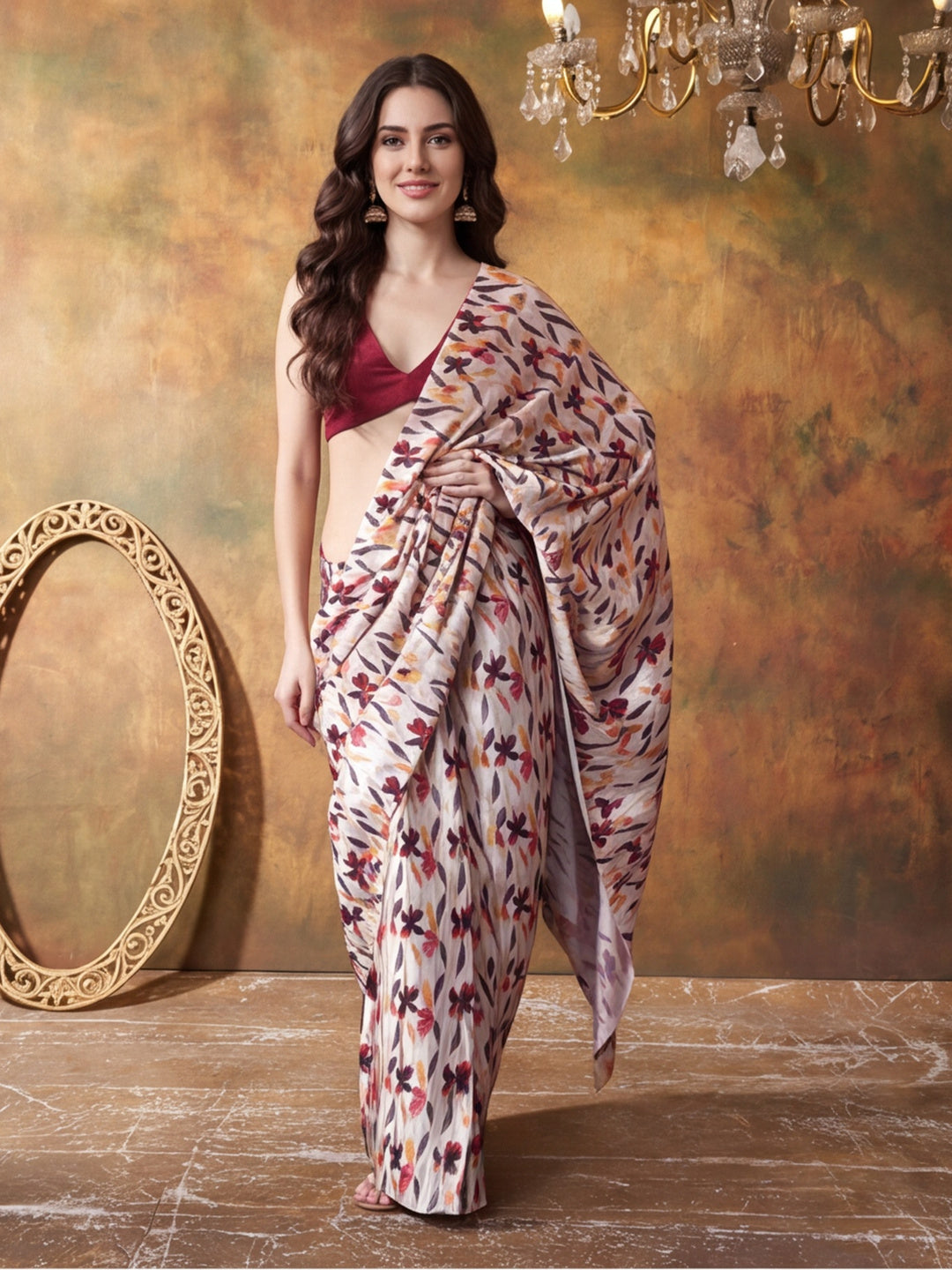 Trending Printed Chinon Ready To Wear Saree With Unstitched Blouse