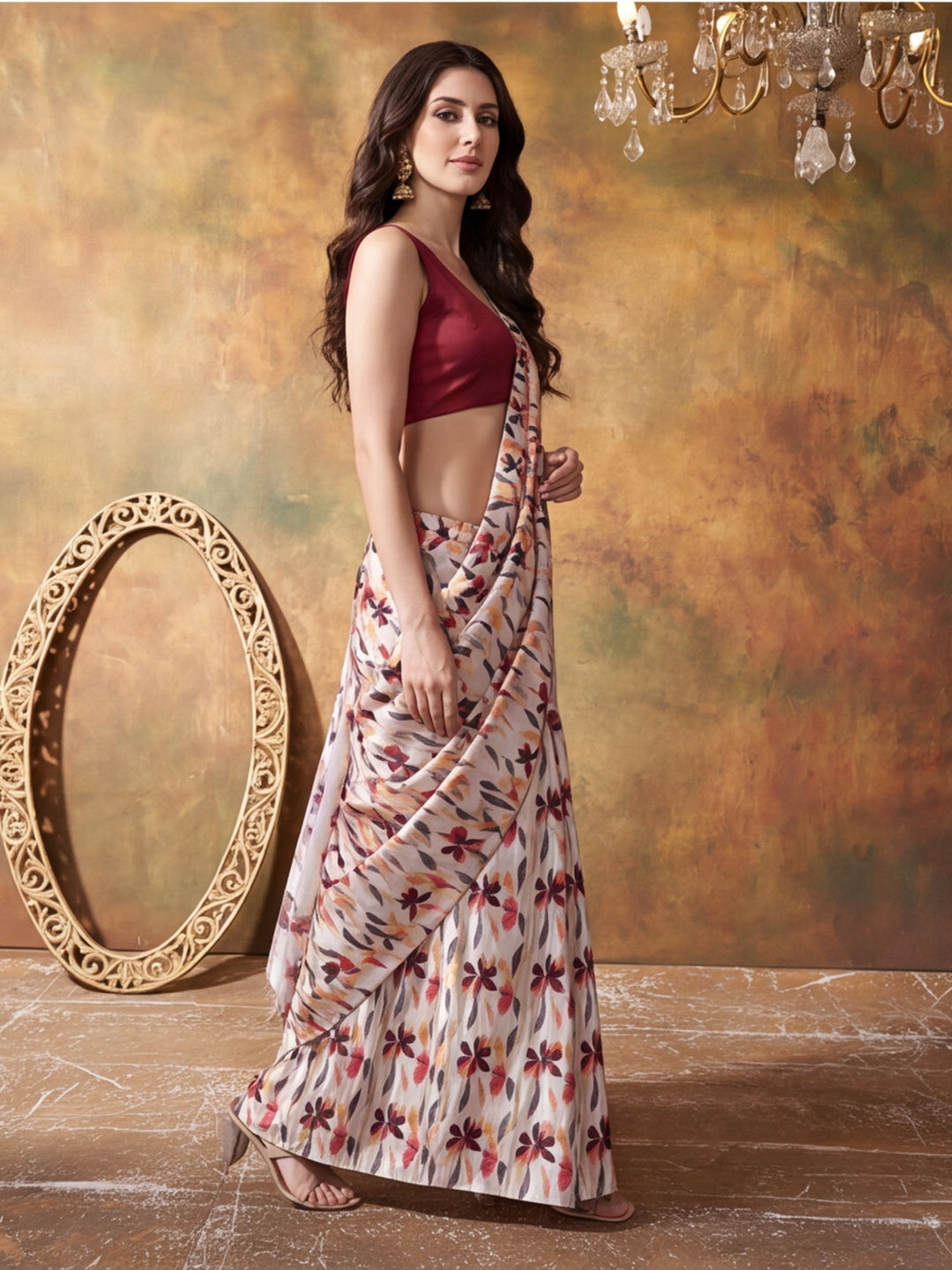 Trending Printed Chinon Ready To Wear Saree With Unstitched Blouse