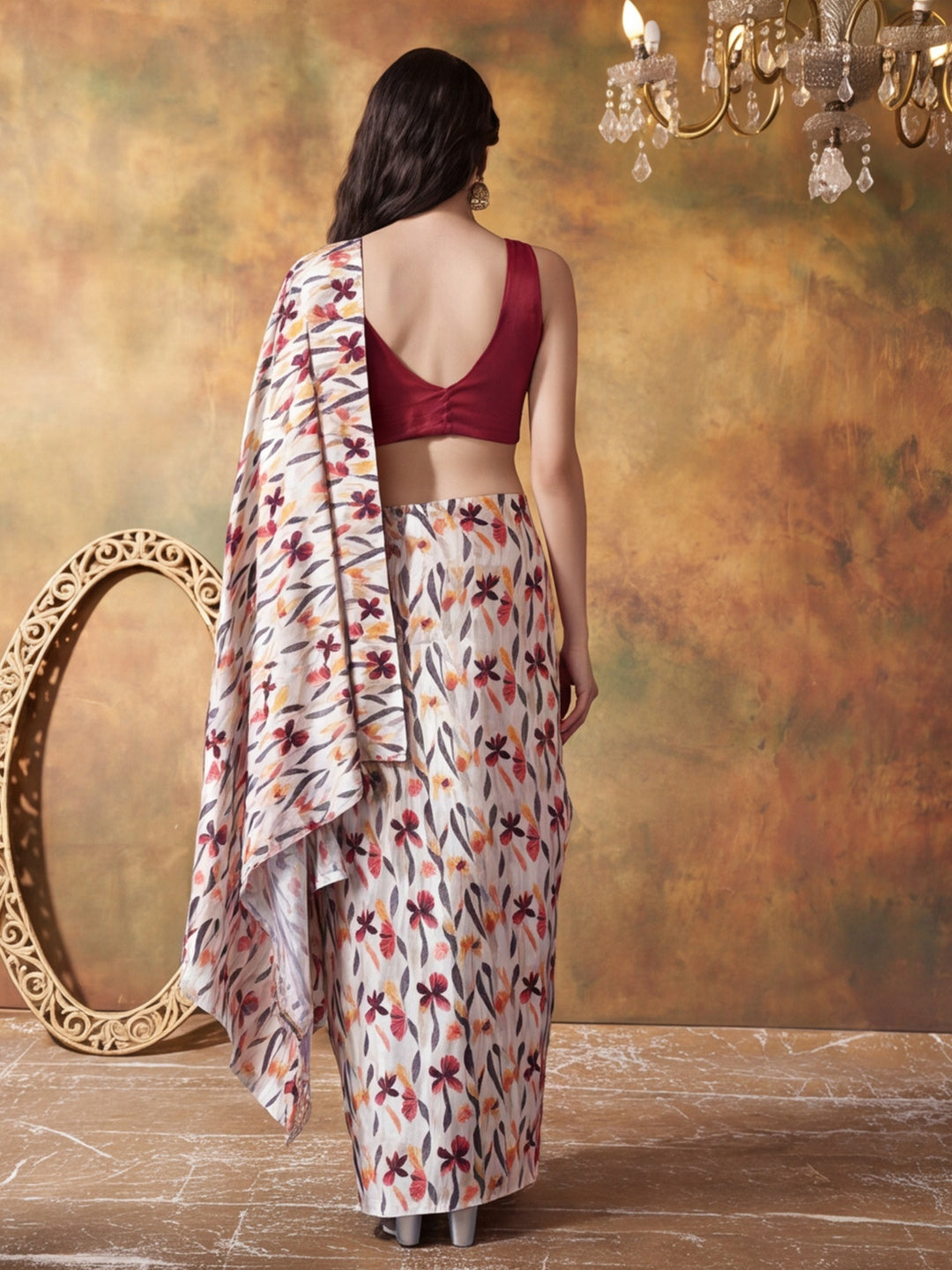 Trending Printed Chinon Ready To Wear Saree With Unstitched Blouse