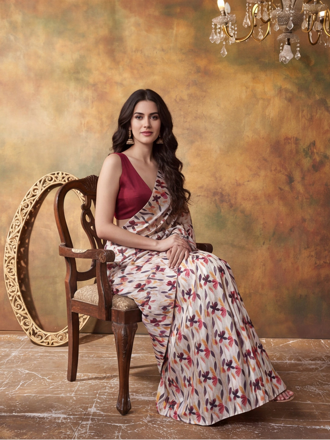 Trending Printed Chinon Ready To Wear Saree With Unstitched Blouse