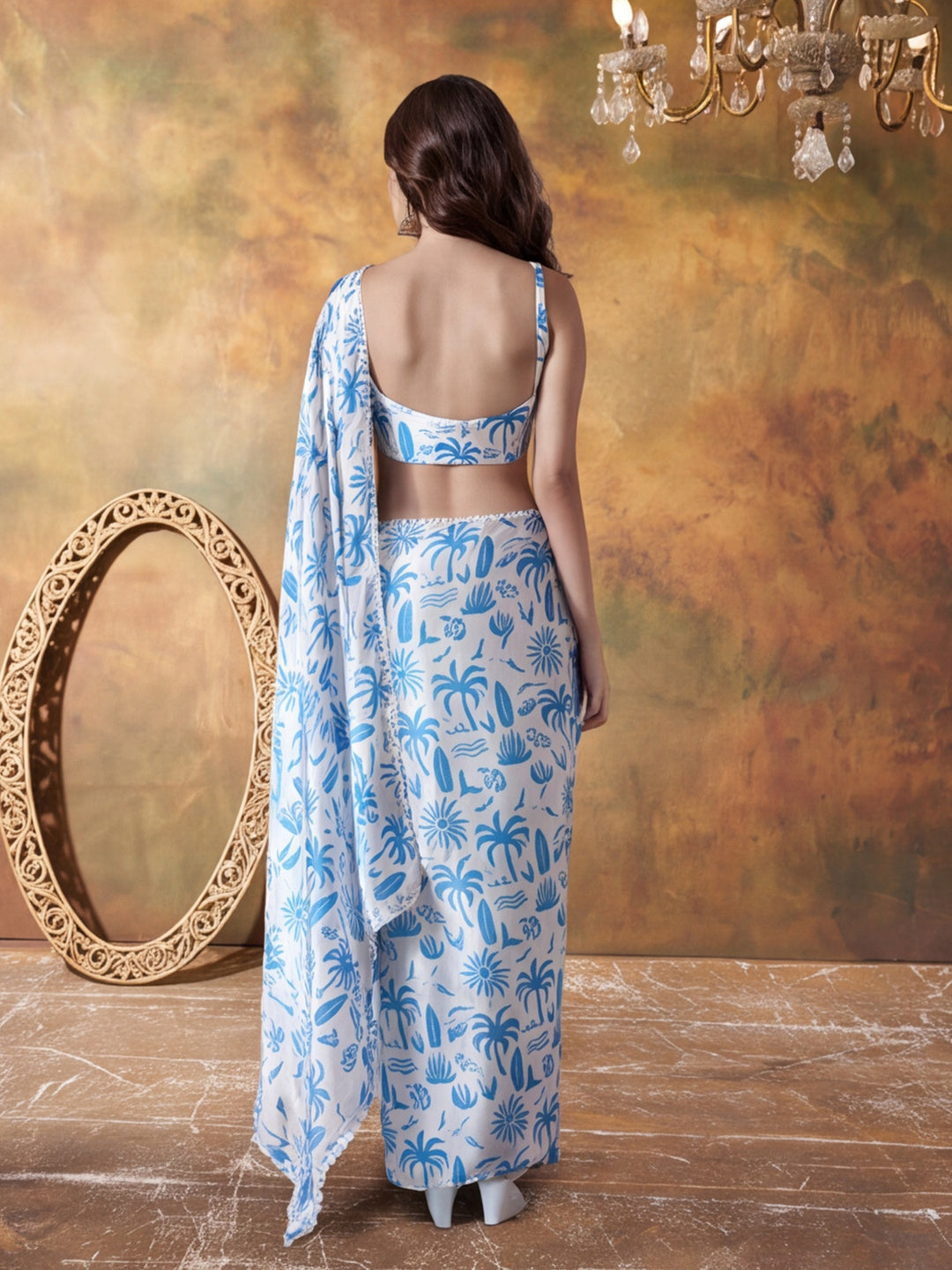Trending Printed Chinon Ready To Wear Saree With Unstitched Blouse