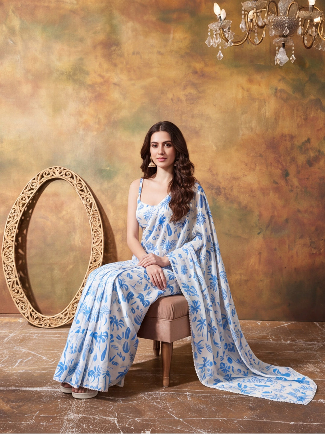 Trending Printed Chinon Ready To Wear Saree With Unstitched Blouse