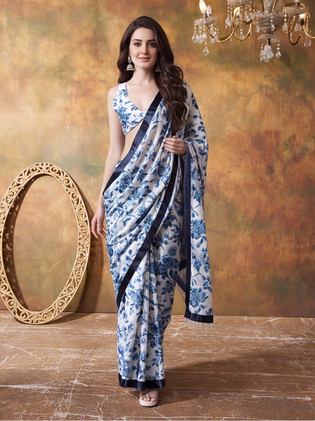 Trending Printed Chinon Ready To Wear Saree With Unstitched Blouse