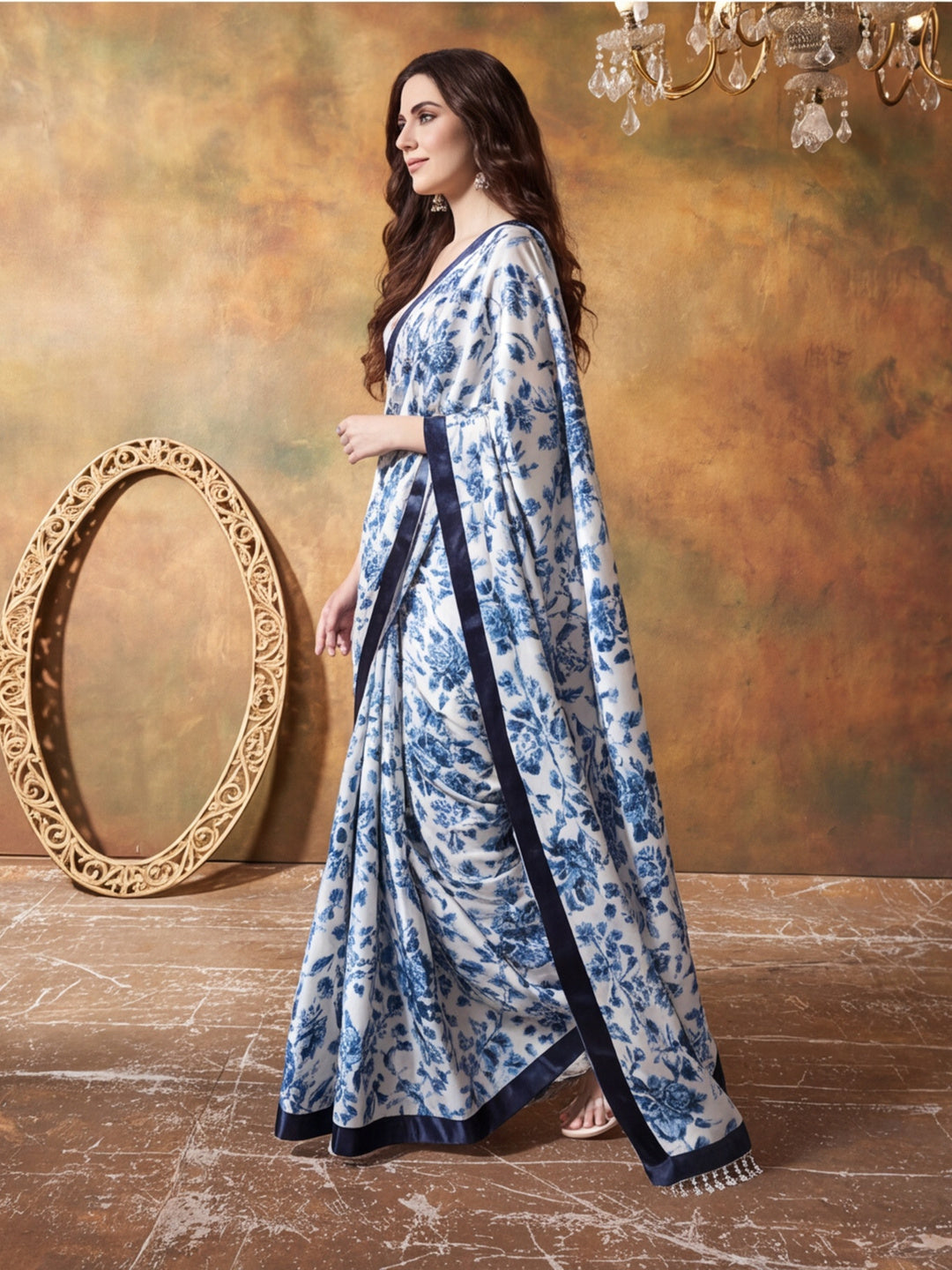 Trending Printed Chinon Ready To Wear Saree With Unstitched Blouse